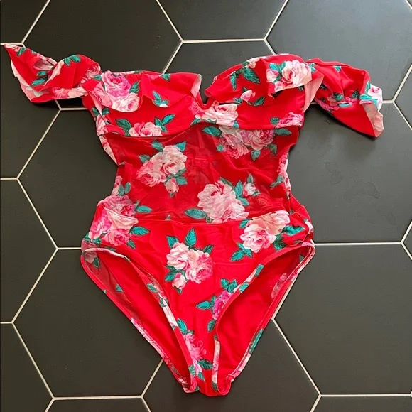 Betsey Johnson mesh bodice Off-Shoulder Swimsuit size small - Picture 1 of 13